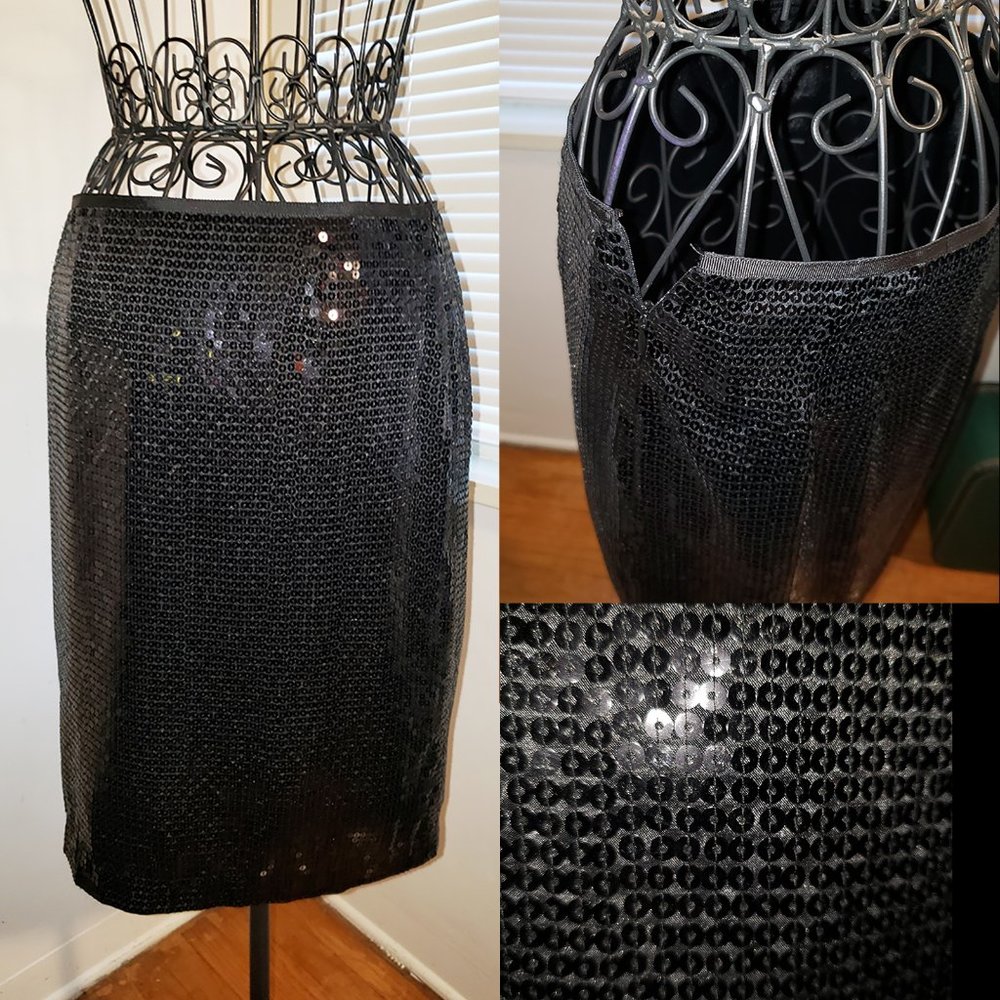 Vintage Glam Goth Barbie Y2K Sequined Black Pencil Skirt Cocktail or Club XS